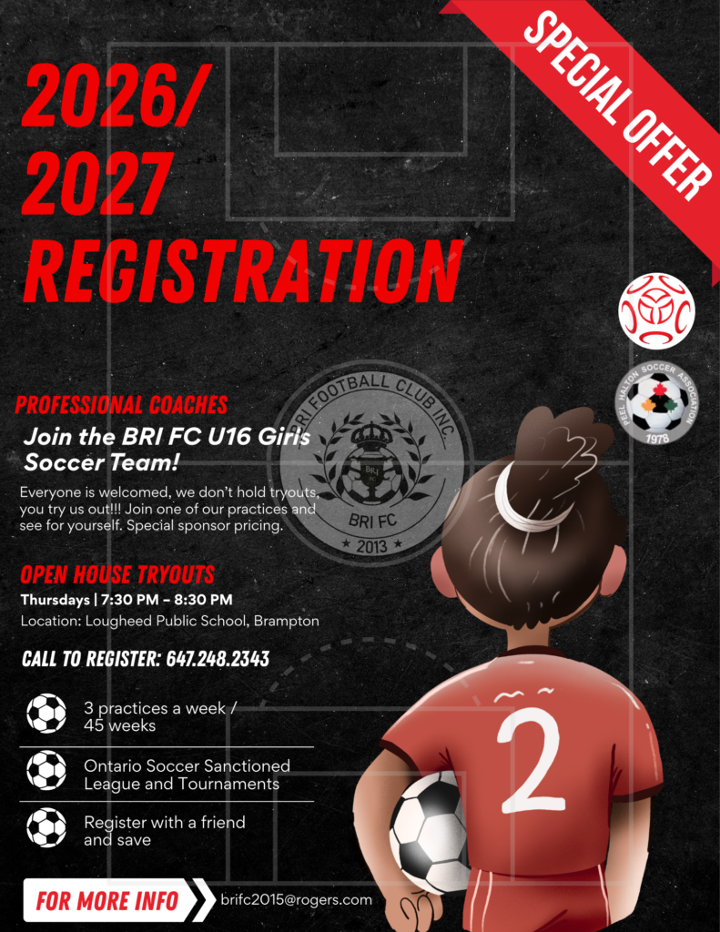 Tryout advertisement for girls U16 team, open tryouts Thursdays 7:30 to 8:30 in Brampton