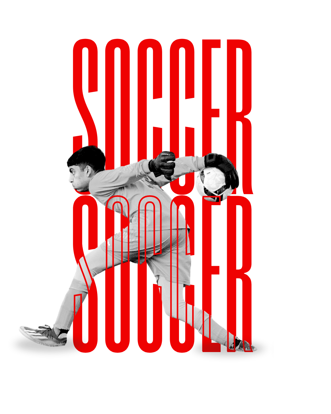 A goalie in the process of releasing the soccer ball with his right hand and writing of soccer in caps around the image of the goalie